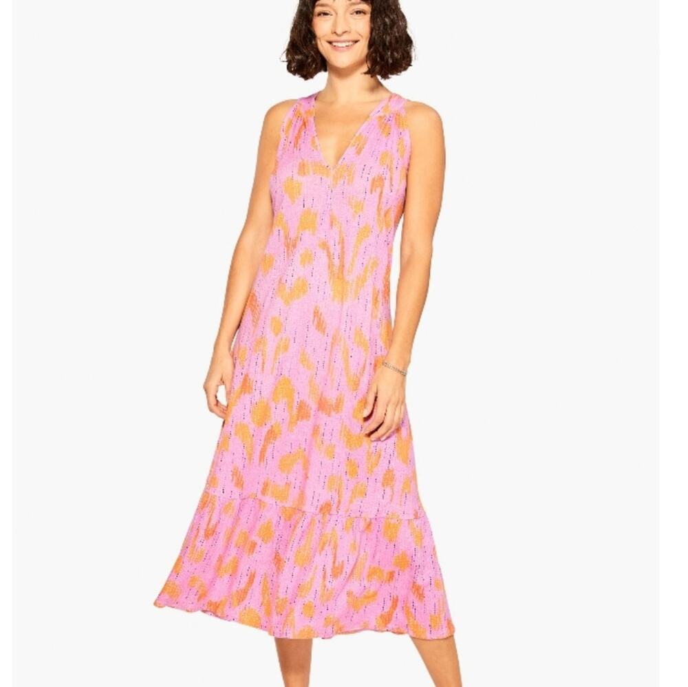 Nic + Zoe Pink Floral Tiered Linen Blend Midi Dress Tropical Resort NWT XL